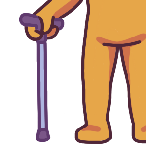 A person standing with their cane, which is purple and has a derby handle.